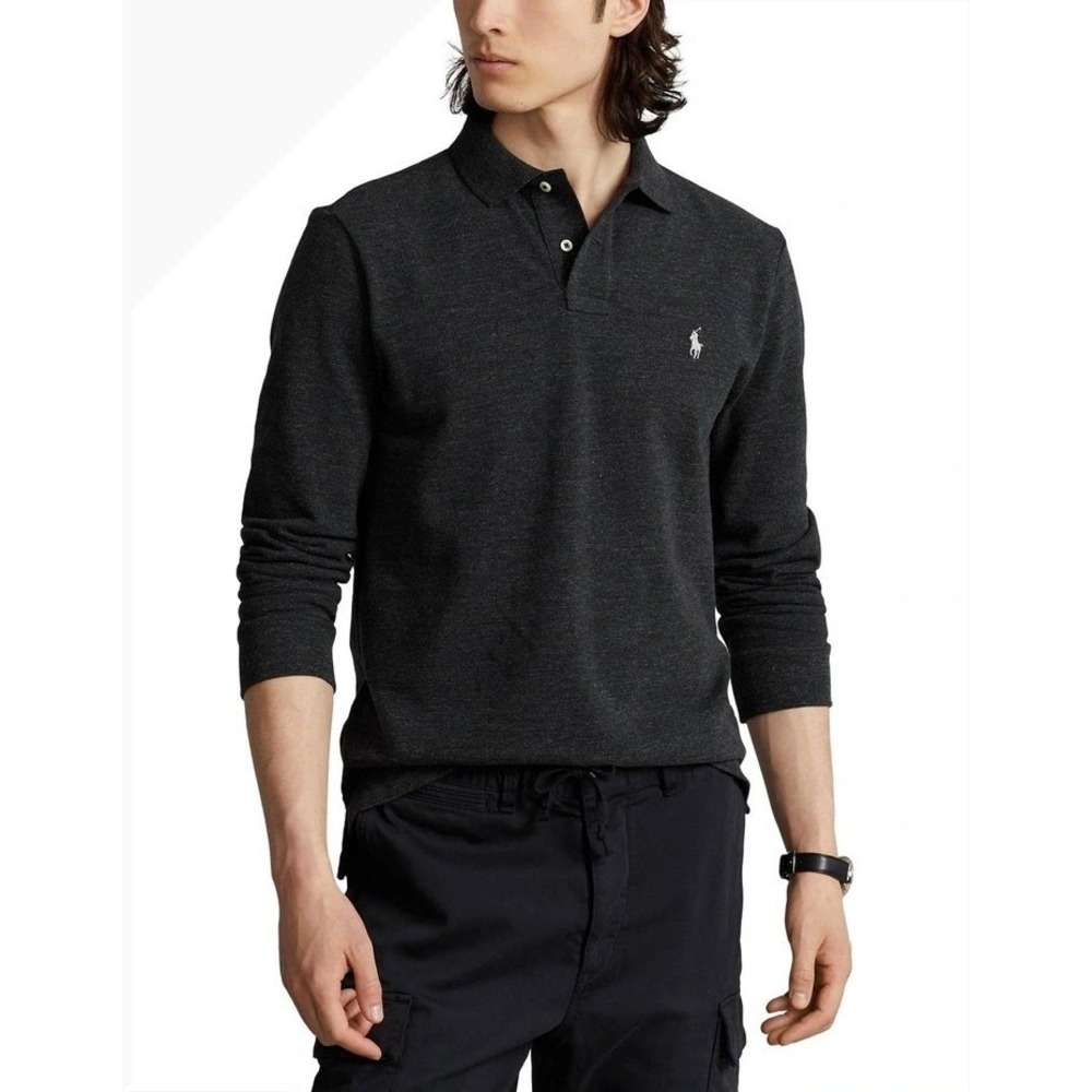 Polo Ralph Lauren Mens Custom Slim Fit Mesh Long Sleeve Polo Shirt Charcoal